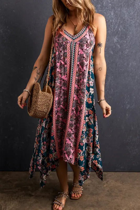 Pink bohemian floral patchwork print long sundress - dresses