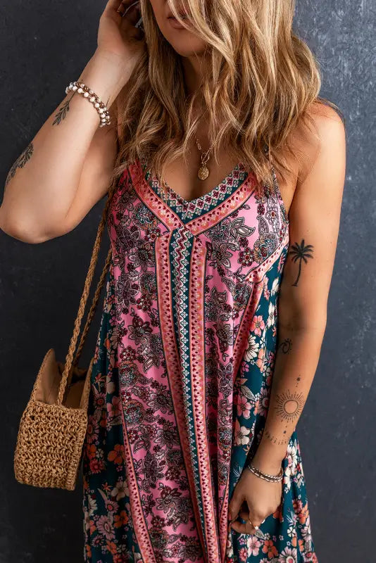 Pink bohemian floral patchwork print long sundress - dresses