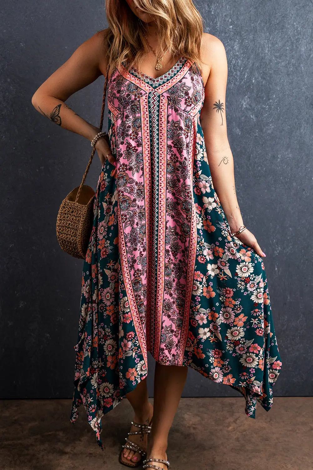 Pink bohemian floral patchwork print long sundress - s / 100% viscose - dresses