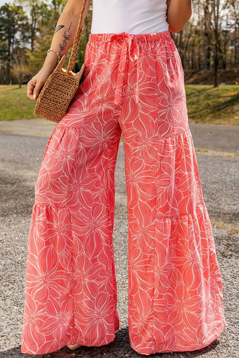 Pink bohemian floral print wide leg pants - s / 100% polyester