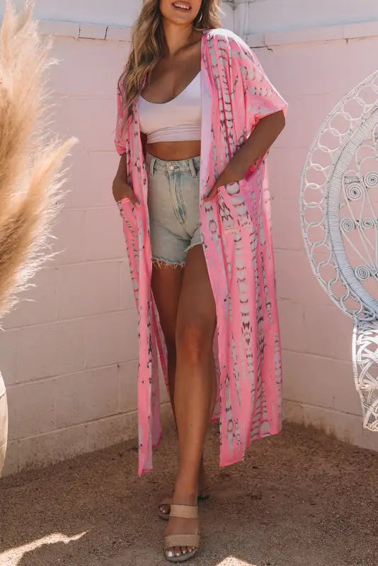 Pink bohemian tie dye oversize long kimono - one size / 100% polyester - kimonos