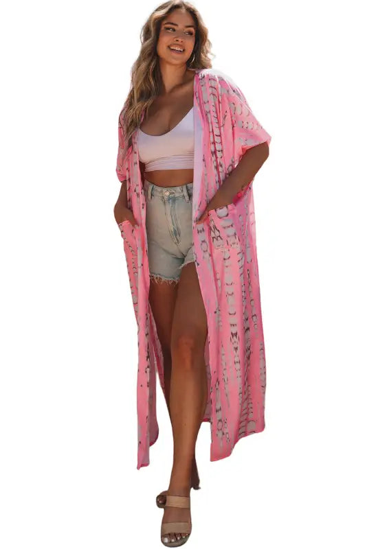 Pink bohemian tie dye oversize long kimono - one size / 100% polyester - kimonos