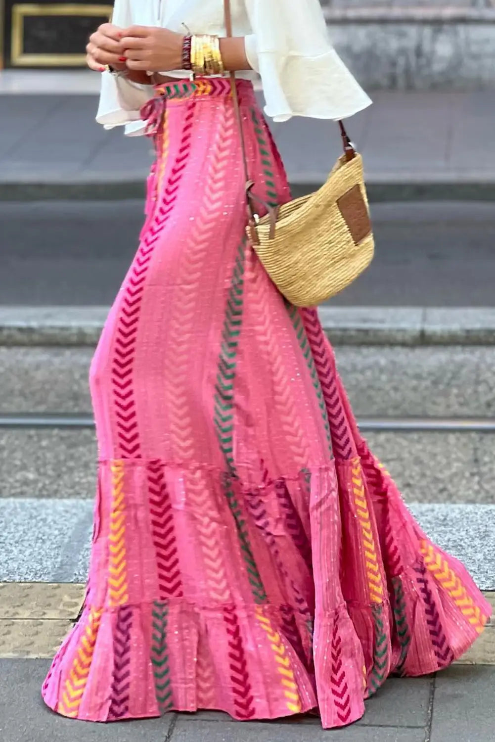 Pink boho drawstring ruffled maxi skirt - bottoms/skirts & petticoat