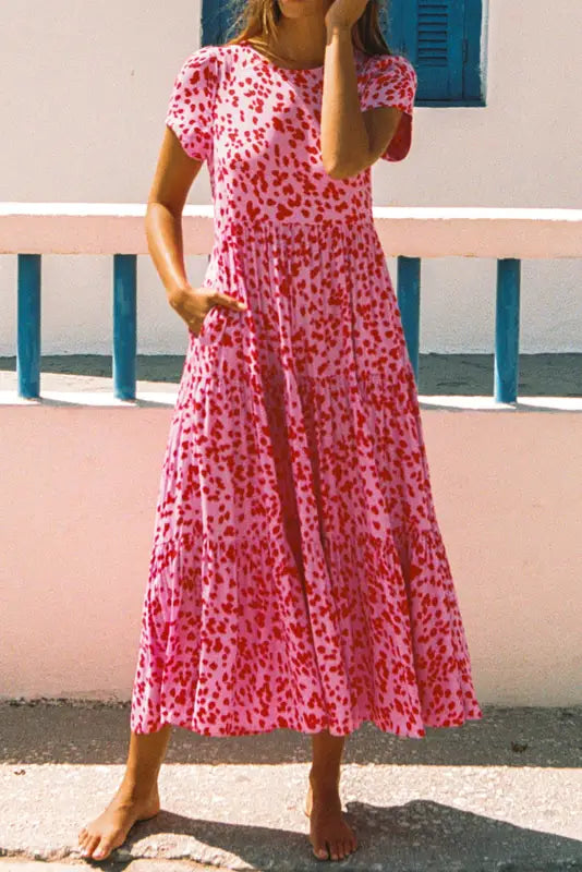 Pink boho flare tiered dress - s / 100% polyester - dresses/maxi dresses