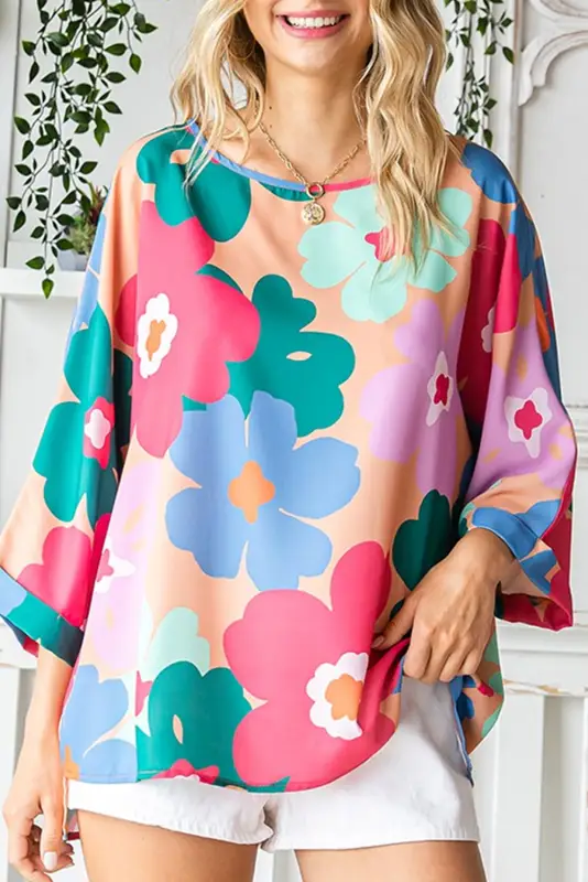 Pink boho floral oversized blouse - s / 100% polyester - blouses