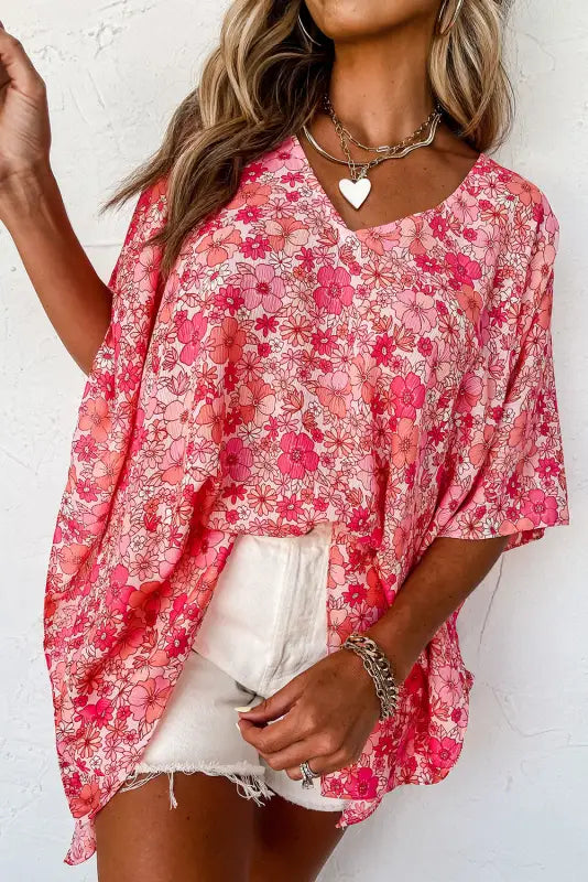 Pink boho floral v-neck kimono style blouse - l / 100% polyester - blouses