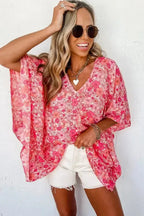 Pink Boho Floral V-Neck Kimono Style Blouse - Fashionfitz