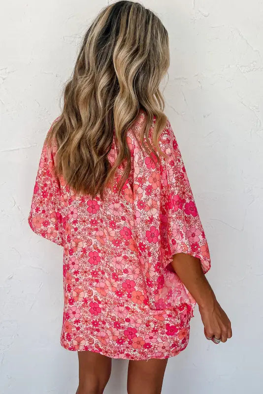 Pink boho floral v-neck kimono style blouse - blouses