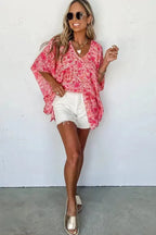 Pink Boho Floral V-Neck Kimono Style Blouse - Fashionfitz