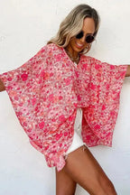 Pink Boho Floral V-Neck Kimono Style Blouse - Fashionfitz