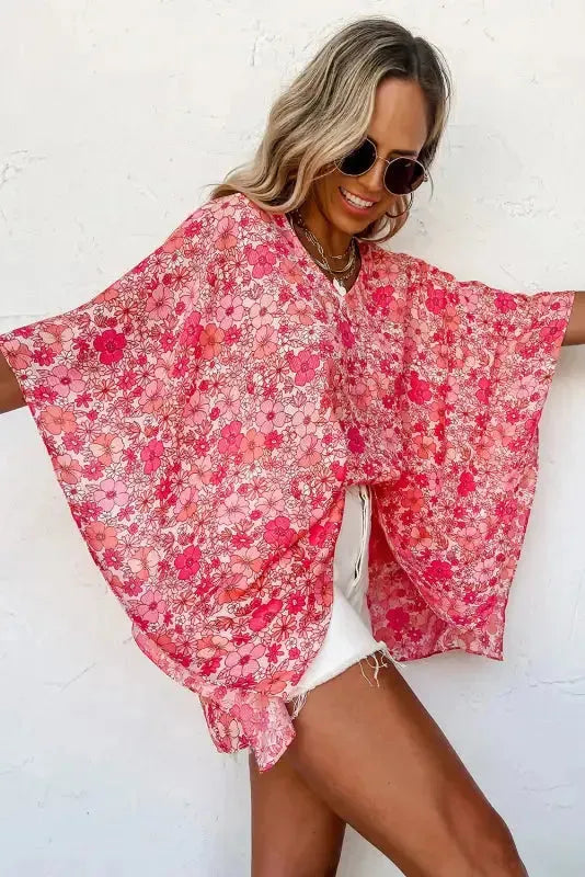 Pink Boho Floral V-Neck Kimono Style Blouse - Fashionfitz