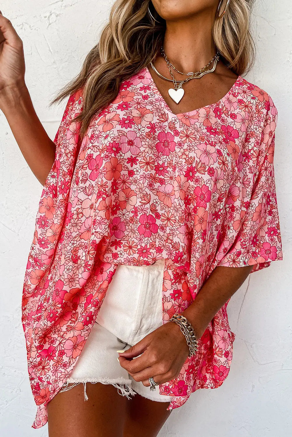 Pink boho floral v neck kimono style blouse - l / 100% polyester - blouses & shirts