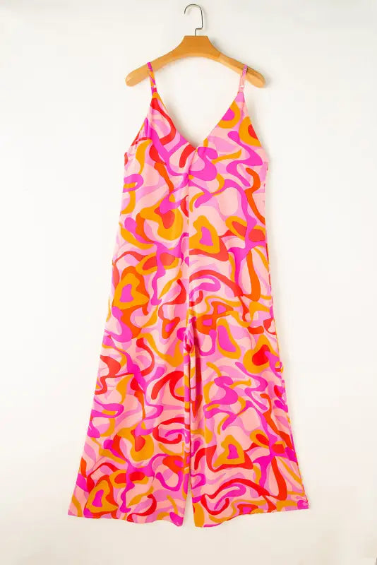 Pink boho jumpsuit - abstract print v neck wide leg on hanger, relax in style