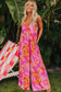 Pink boho jumpsuit - abstract print v neck wide leg in vibrant pink and orange pattern