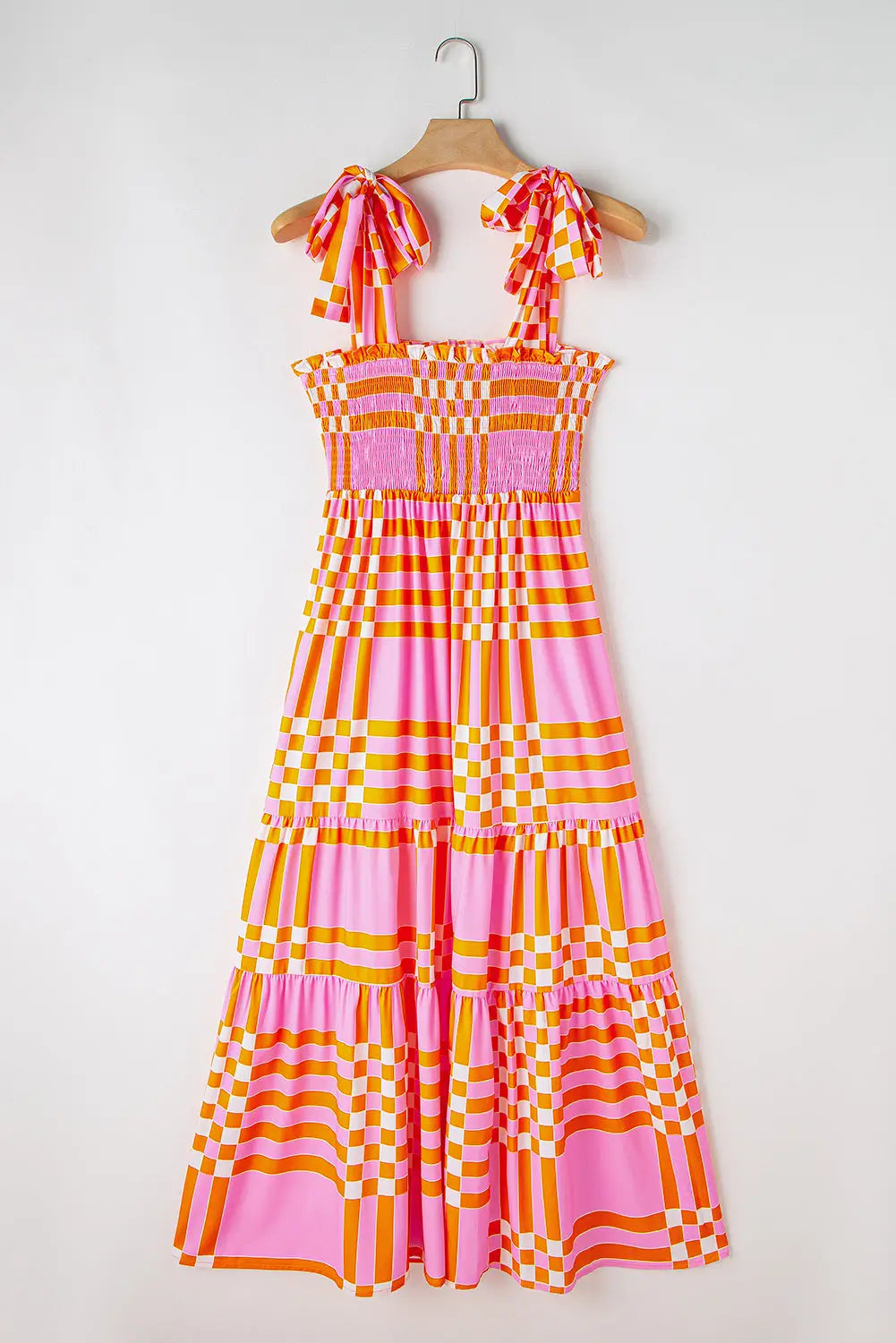 Pink boho maxi dress - gingham tied straps smocked - dresses/maxi dresses