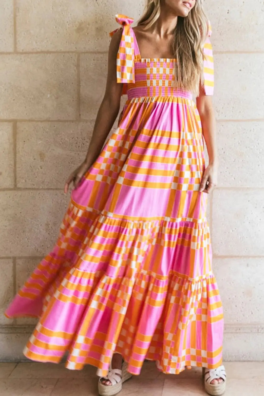 Pink boho maxi dress - gingham tied straps smocked - s / 100% polyester - dresses/maxi dresses