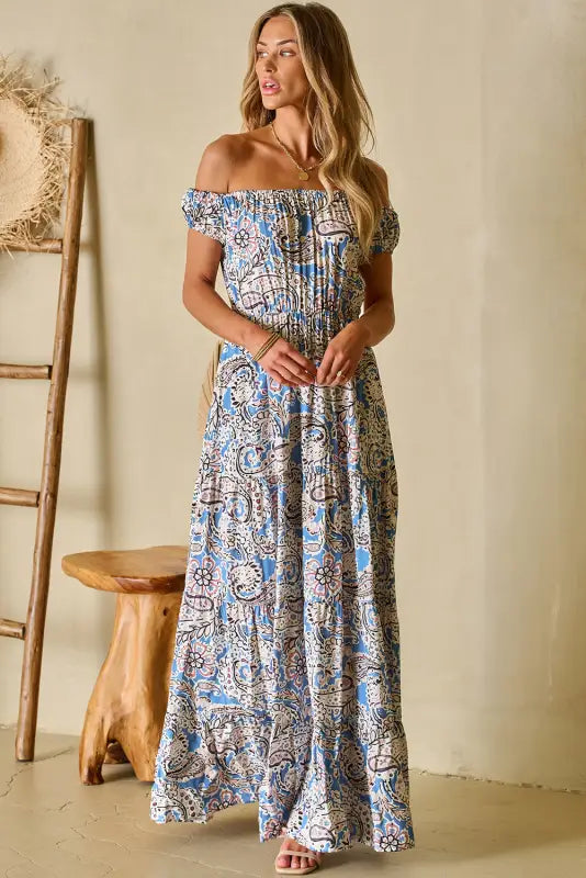 Pink boho paisley off shoulder maxi dress - floral dresses