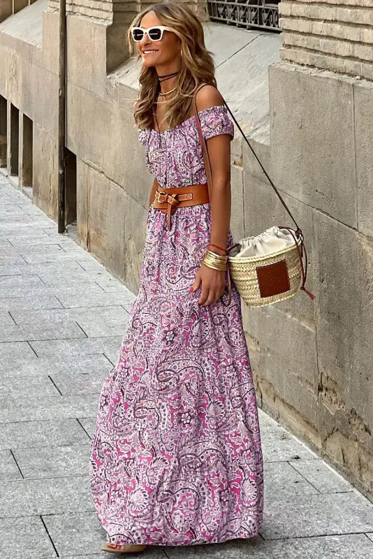 Pink boho paisley off shoulder maxi dress - floral dresses