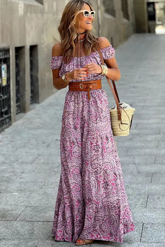 Pink boho paisley off shoulder maxi dress - floral dresses