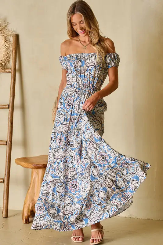 Pink boho paisley off shoulder maxi dress - floral dresses