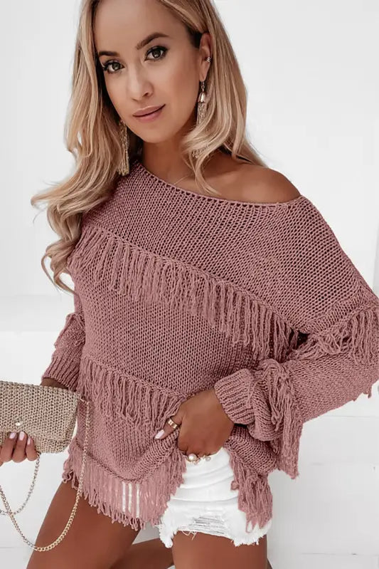 Pink boho tasseled knitted sweater - tops