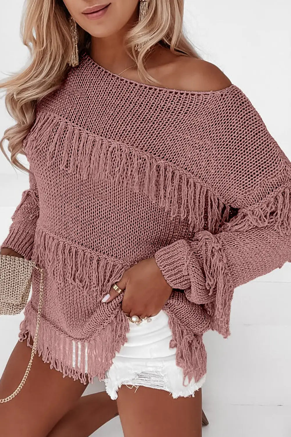 Pink boho tasseled knitted sweater - s / 100% acrylic - tops