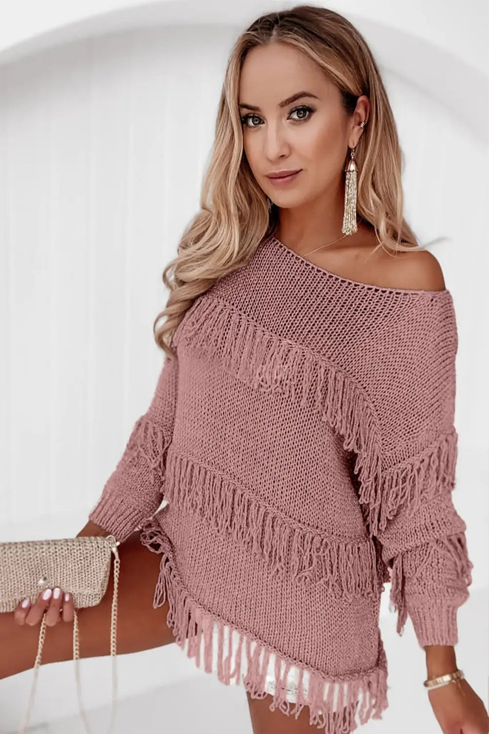 Pink boho tasseled knitted sweater - tops