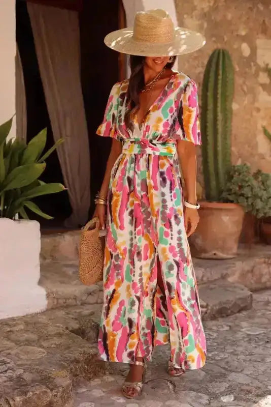 Pink Boho Tie-dye Print V Neck Maxi Dress - Fashionfitz