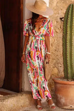 Pink Boho Tie-dye Print V Neck Maxi Dress - Fashionfitz