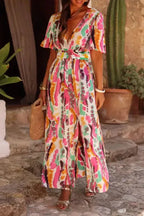 Pink Boho Tie-dye Print V Neck Maxi Dress - Fashionfitz