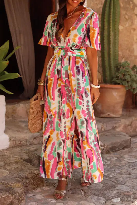 Pink boho tie-dye print v neck maxi dress - l / 100% polyester - dresses