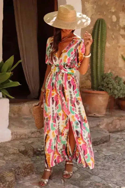 Pink Boho Tie-dye Print V Neck Maxi Dress - Fashionfitz