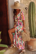 Pink Boho Tie-dye Print V Neck Maxi Dress - Fashionfitz