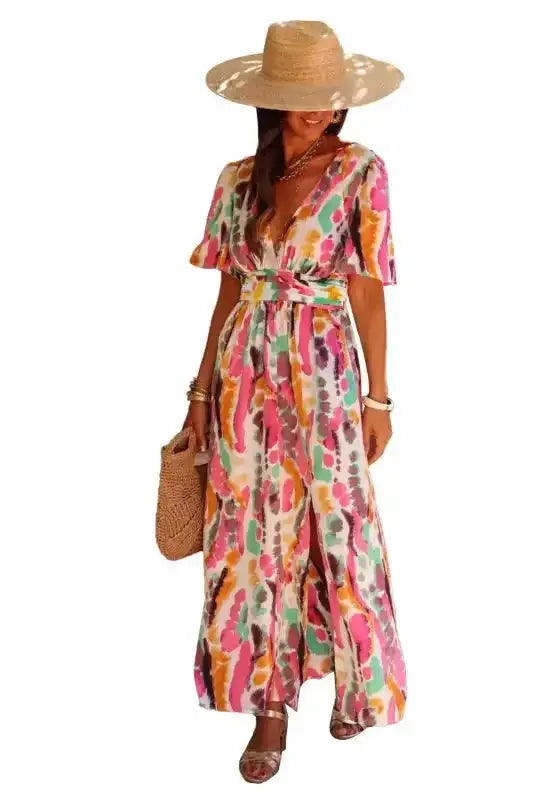 Pink Boho Tie-dye Print V Neck Maxi Dress - Fashionfitz