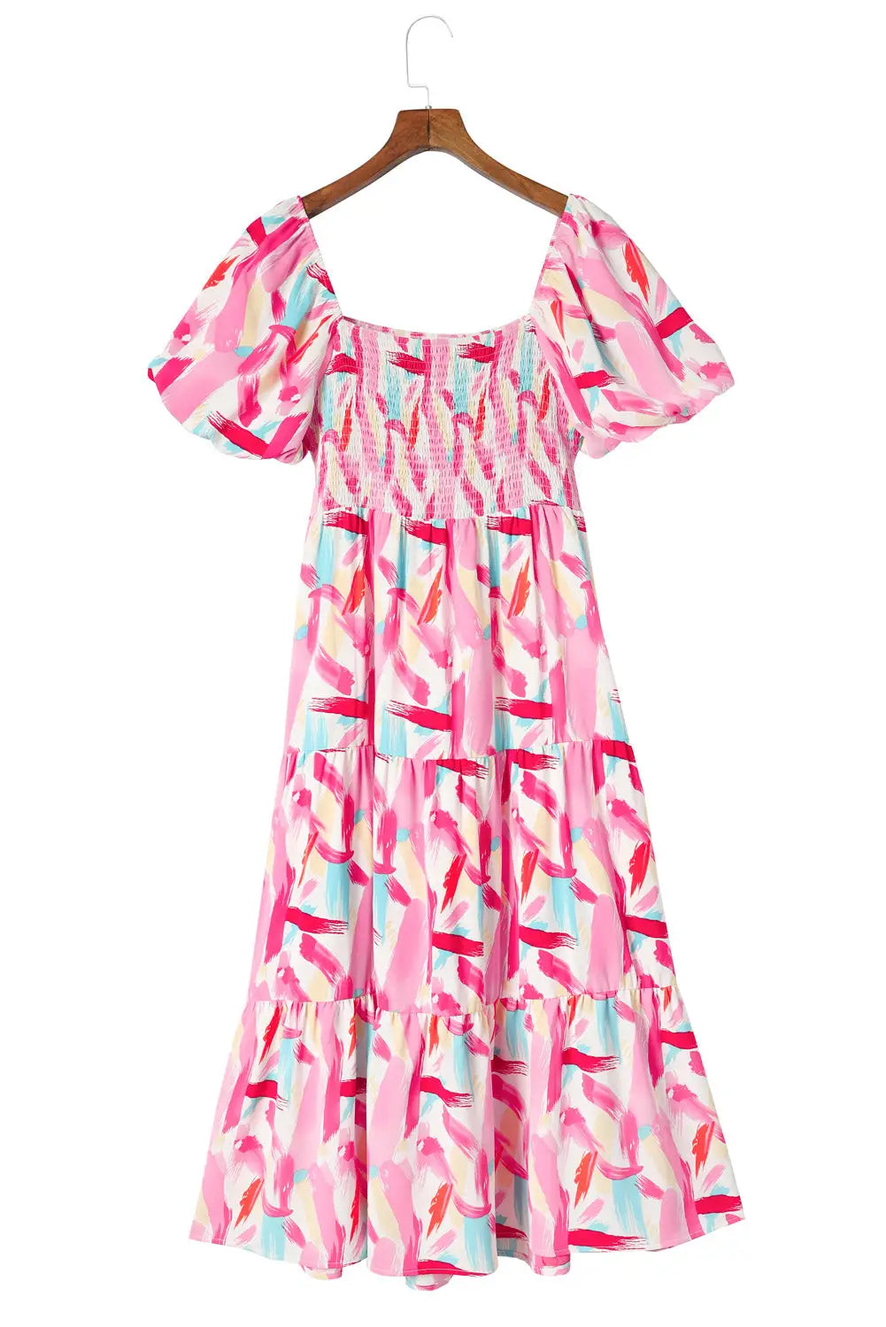 Pink brush stroke printed smocked ruffle tiered dress - midi dresses