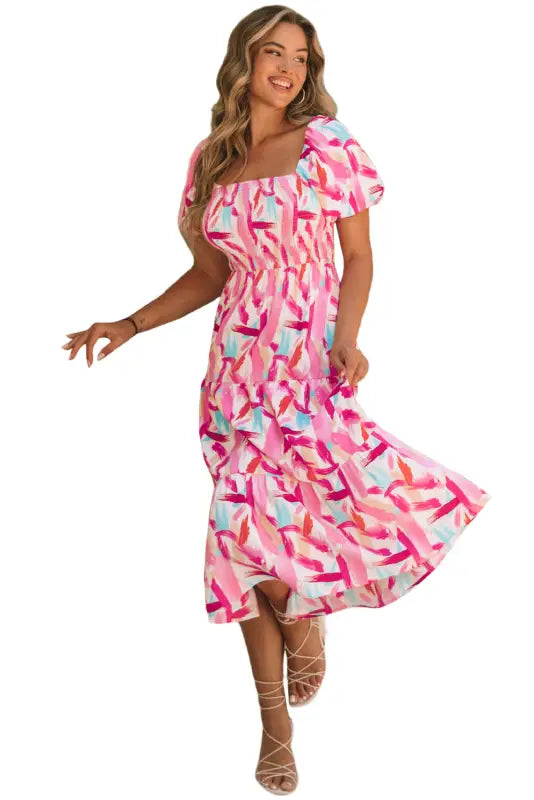 Pink brush stroke smocked ruffle dress - midi dresses