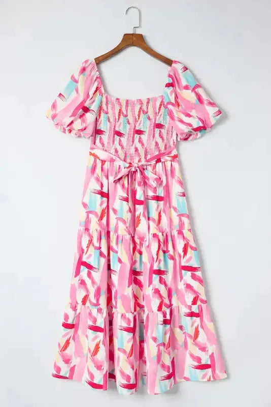 Pink Brush Stroke Smocked Ruffle Dress - Fashionfitz