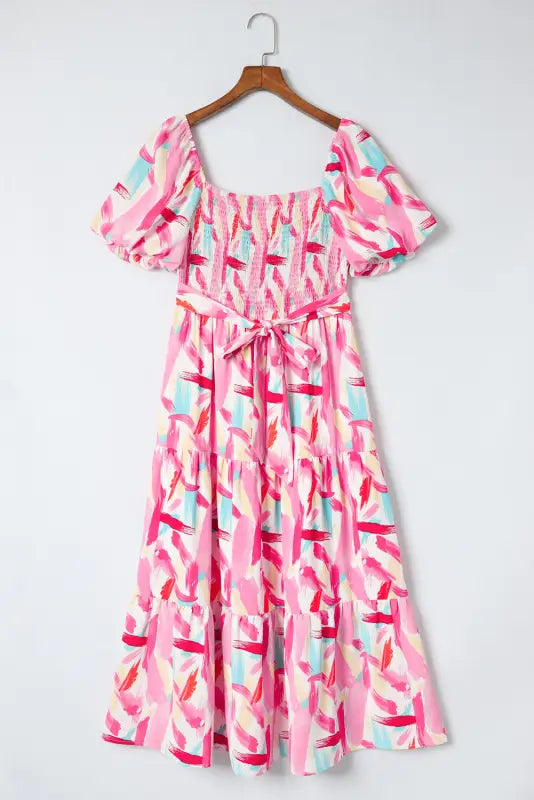 Pink brush stroke smocked ruffle dress - midi dresses