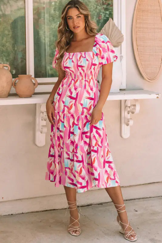 Pink brush stroke smocked ruffle dress - midi dresses