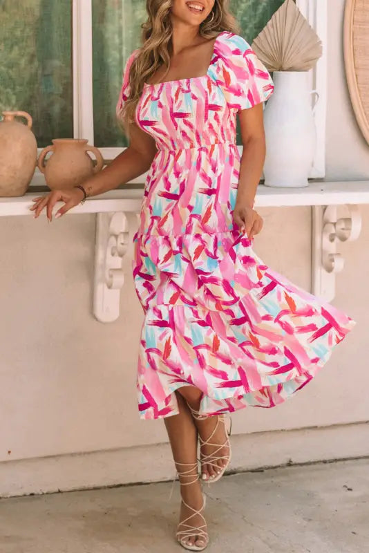 Pink brush stroke smocked ruffle dress - midi dresses