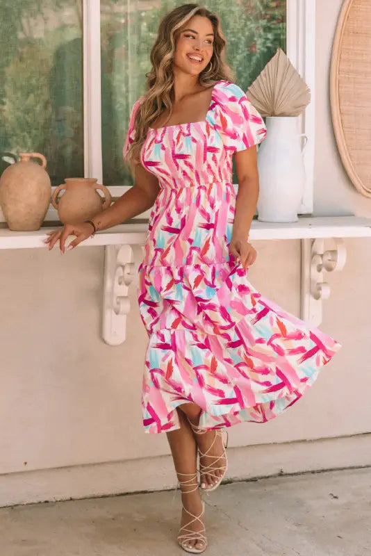 Pink brush stroke smocked ruffle dress - midi dresses