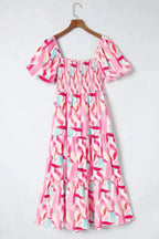 Pink Brush Stroke Smocked Ruffle Dress - Fashionfitz