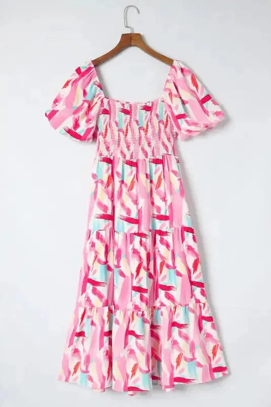 Pink Brush Stroke Smocked Ruffle Dress - Fashionfitz