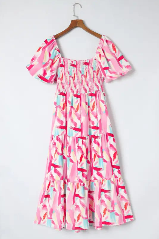 Pink brush stroke smocked ruffle dress - midi dresses