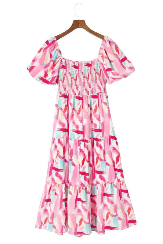 Pink Brush Stroke Smocked Ruffle Dress - Fashionfitz