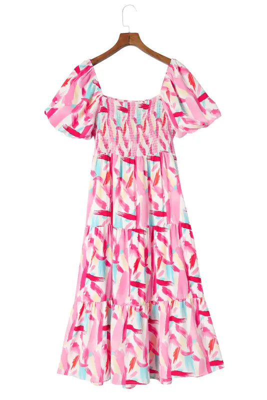 Pink brush stroke smocked ruffle dress - midi dresses