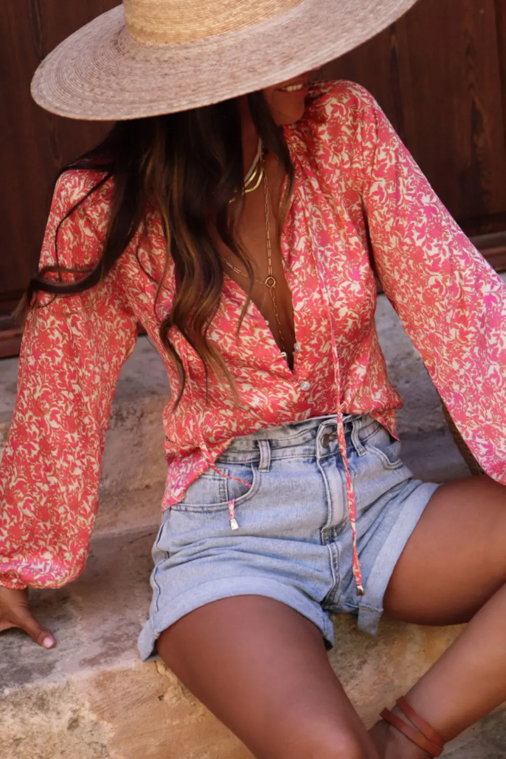 Pink bubble sleeve floral shirt with lace up - tops