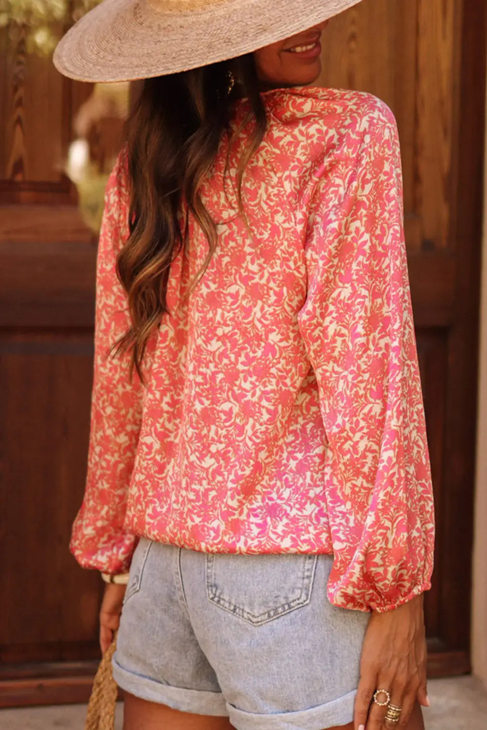 Pink bubble sleeve floral shirt with lace up - tops