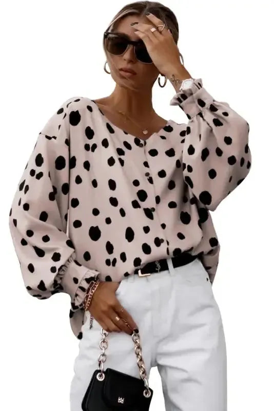 Pink Button Frill Cuffs Oversize Puff Sleeve Blouse - Fashionfitz