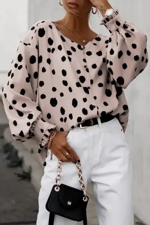 Pink oversized puff sleeve blouse with frill button cuffs front view — Fashionfitz UK